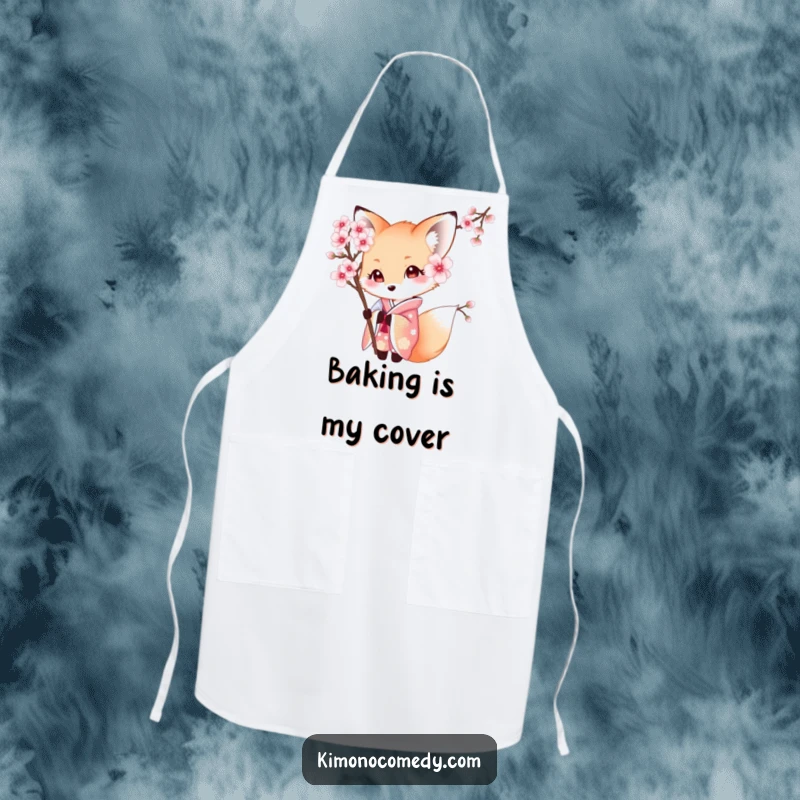 Funny Kawaii Fox Apron: Shy character in a beautiful kimono, peeking from behind a cherry blossom, adding elegance to kitchen tasks.