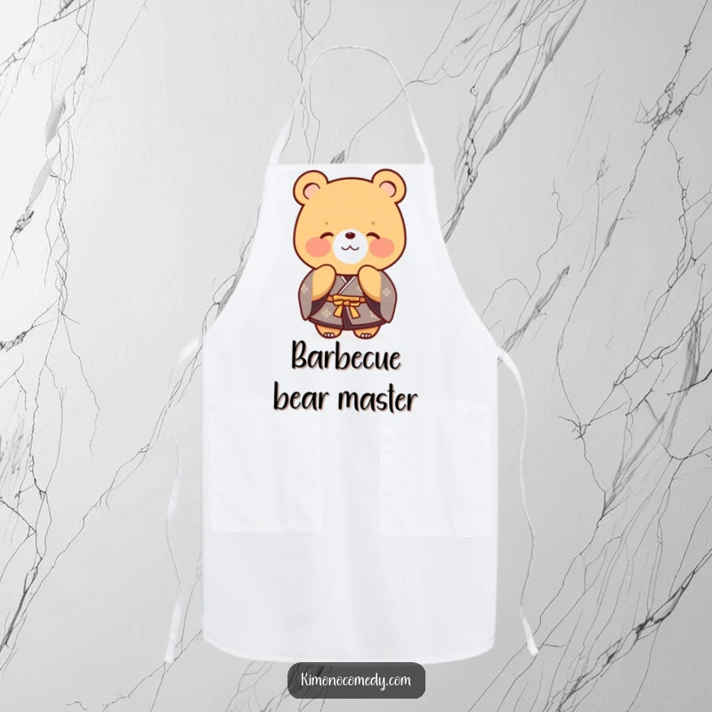 Funny bear in a formal kimono, bowing politely while cooking. A charming and humorous kitchen apron.