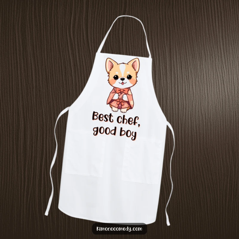Funny dog wearing a detailed kimono and bowing, featured on a functional apron for humorous cooking experiences.