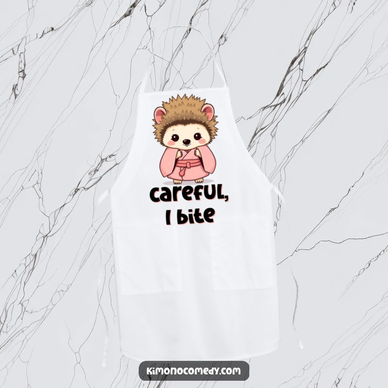 Funny Hedgehog Kimono Apron: A shy hedgehog in a simple kimono, hiding behind its quills, a humorous kitchen accessory.