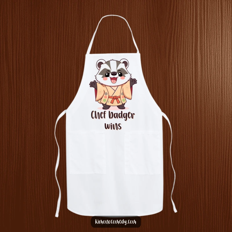 Funny Kawaii Badger Apron: A triumphant badger chef in a kimono poses proudly, ready to create delicious meals with humorous flair.