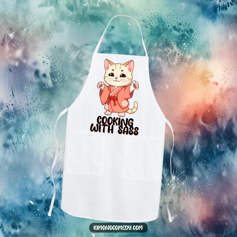 Funny Apron: A cat in a traditional kimono strikes a confident pose while cooking, bringing feline elegance and humor to the kitchen.