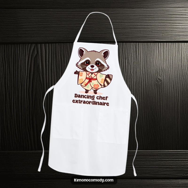 Funny raccoon wearing a festive kimono, dancing, featured on a functional apron for humorous kitchen festivities.