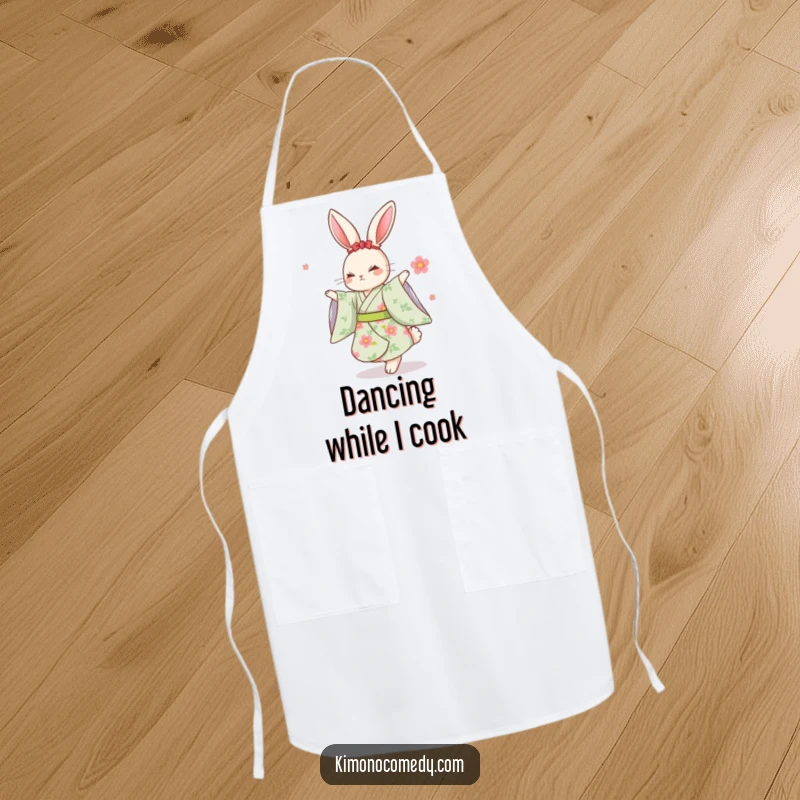Funny Kawaii Rabbit Apron: A cute rabbit in a floral kimono dancing while wearing an apron, practical and humorous.
