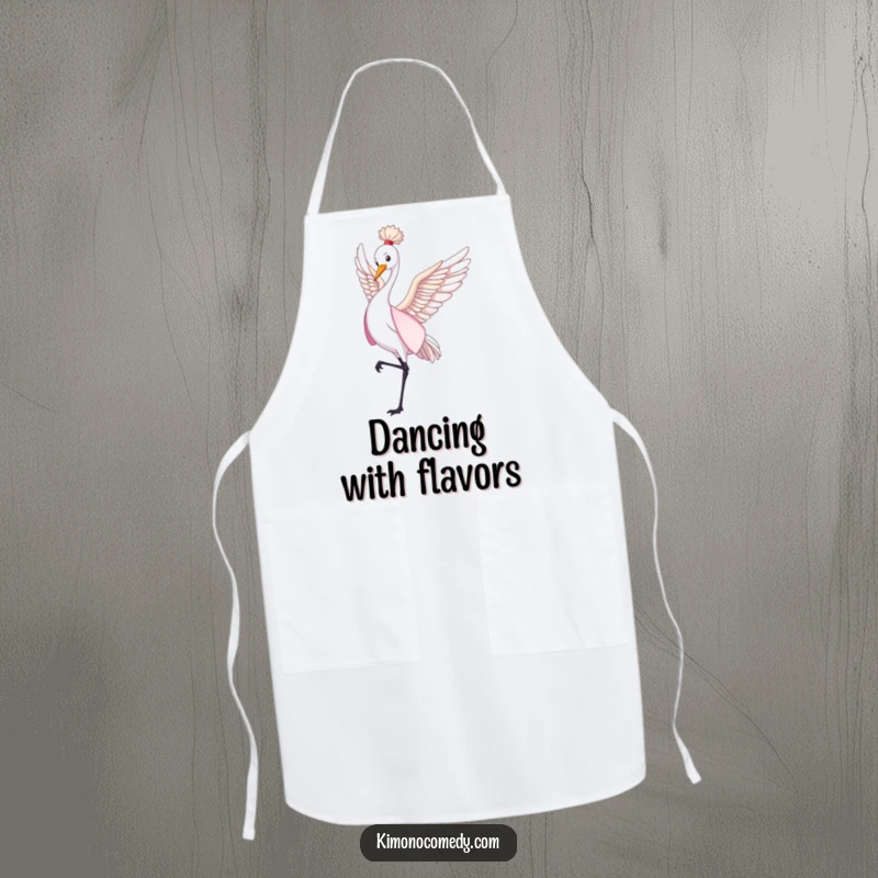Funny crane in a flowing kimono dancing gently, cute kitchen apron, elegant cooking accessory, humorous gift for home cooks.