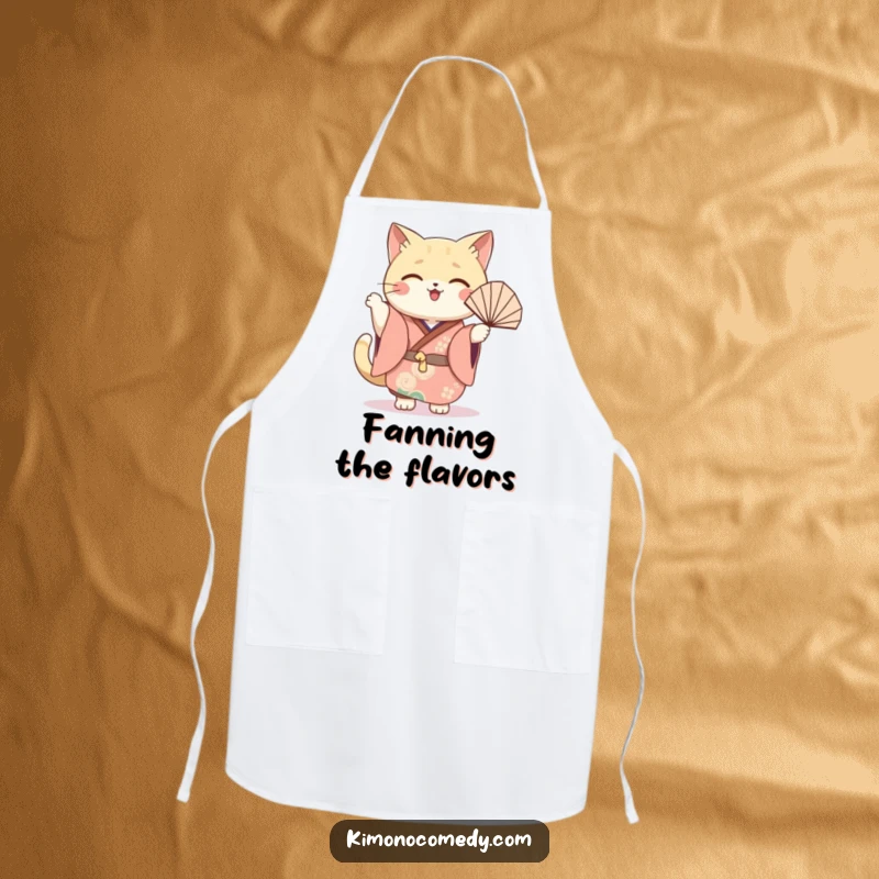 Funny cat fan apron showcasing a kawaii cat in a festive kimono, joyfully waving a fan, ideal for humorous kitchen tasks.