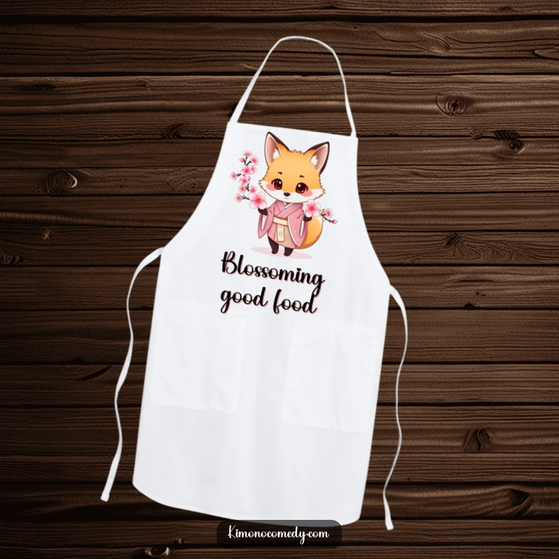 Funny Fox Kimono Apron showing a fox in a silk kimono offering a cherry blossom, perfect for stylish kitchen tasks.