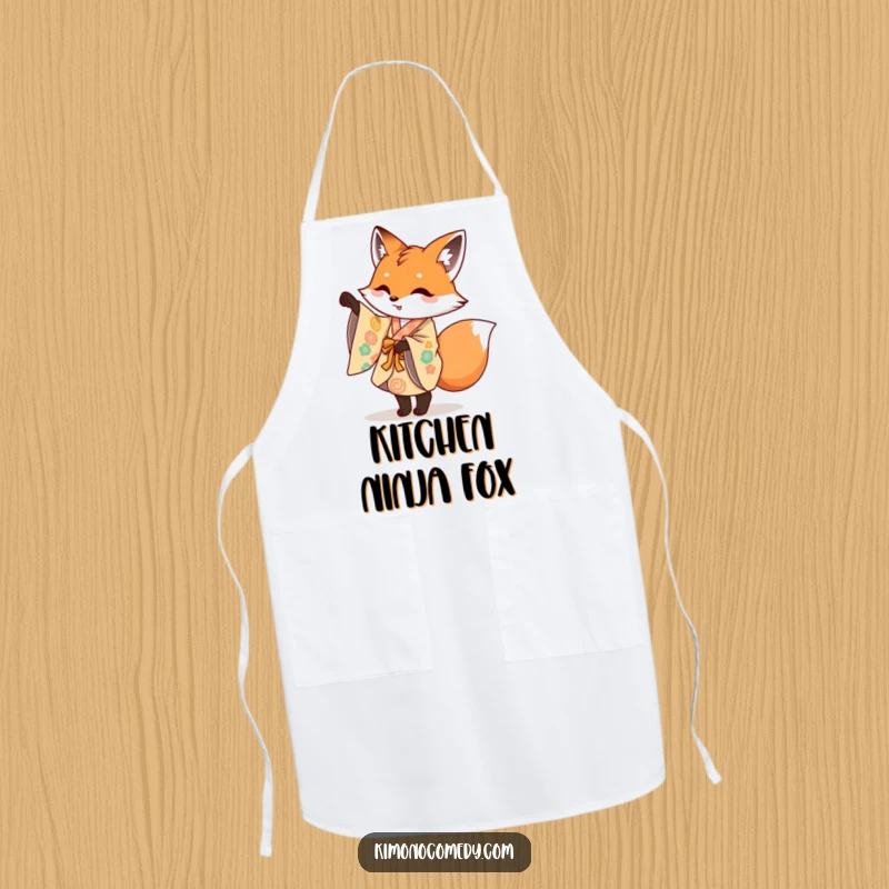 Funny apron with a mischievous fox in a colorful kimono performing a playful pirouette, perfect for artistic kitchen humor.