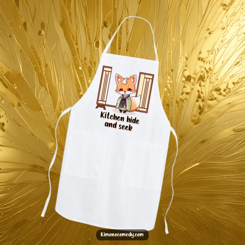 Funny apron showcasing a fox in an elegant kimono playfully peeking from behind a paper screen, adding mysterious humor to cooking.