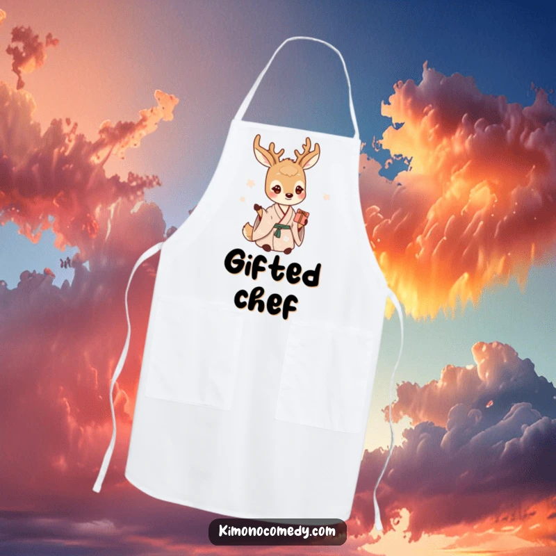 Funny deer apron showing a gentle creature in a serene kimono, offering a small gift with a warm smile.