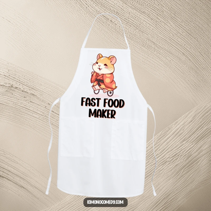 Funny Hamster Kimono Apron: An energetic hamster in a colorful kimono running on a wheel, a humorous kitchen accessory.