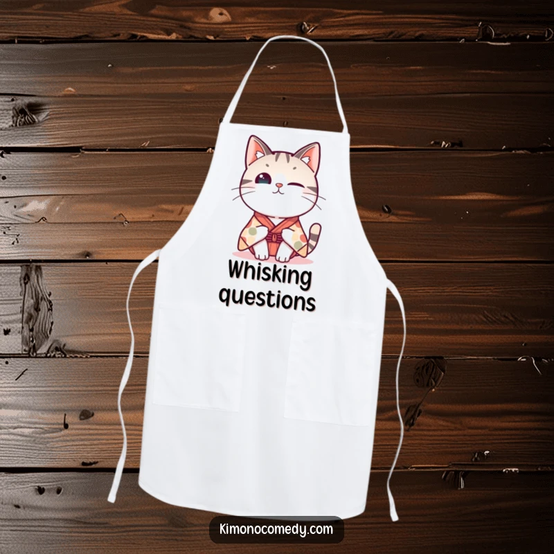 Funny Kawaii cat apron, depicts a cat in a whimsical kimono tipping its head curiously while cooking, humorous kitchen wear.