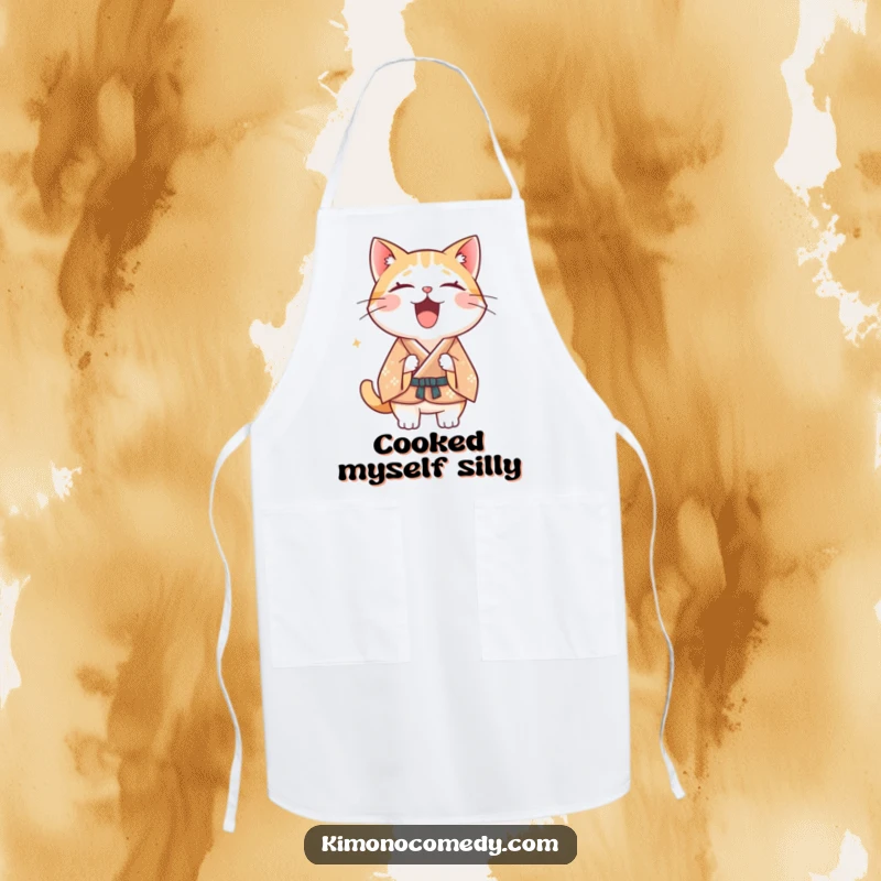 Funny Kawaii cat apron, depicts a cat in a formal kimono laughing hysterically while cooking, humorous kitchen wear.