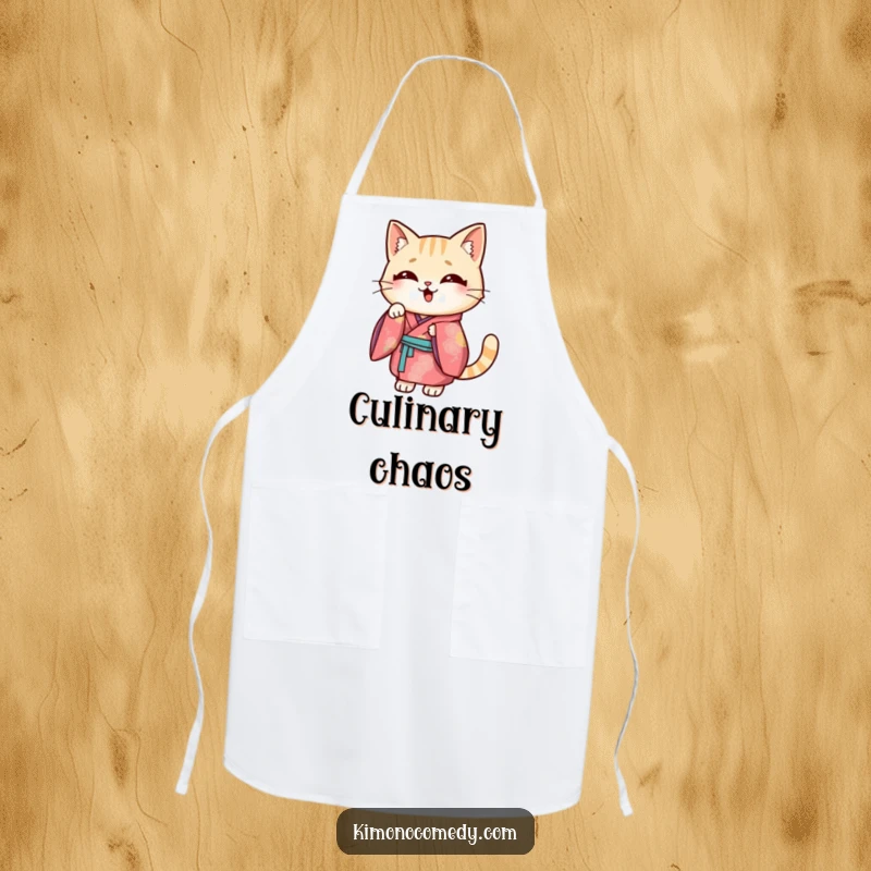 Funny Kawaii cat apron, depicts a cat in a vibrant kimono striking a funny pose while cooking, humorous kitchen wear.