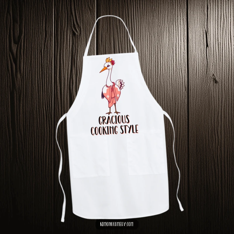 Funny apron featuring a graceful kawaii crane in an elegant kimono performing a charming bow with a flourish, blending kitchen utility with elegance.