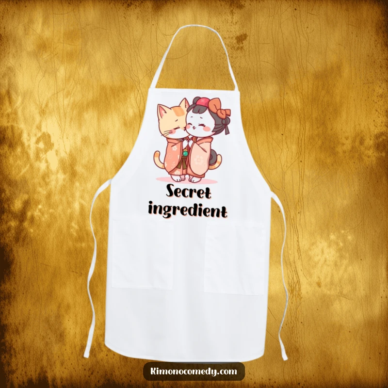 Funny Kawaii cat in a kimono whispering secrets, durable and humorous apron for kitchen adventures and cooking fun.