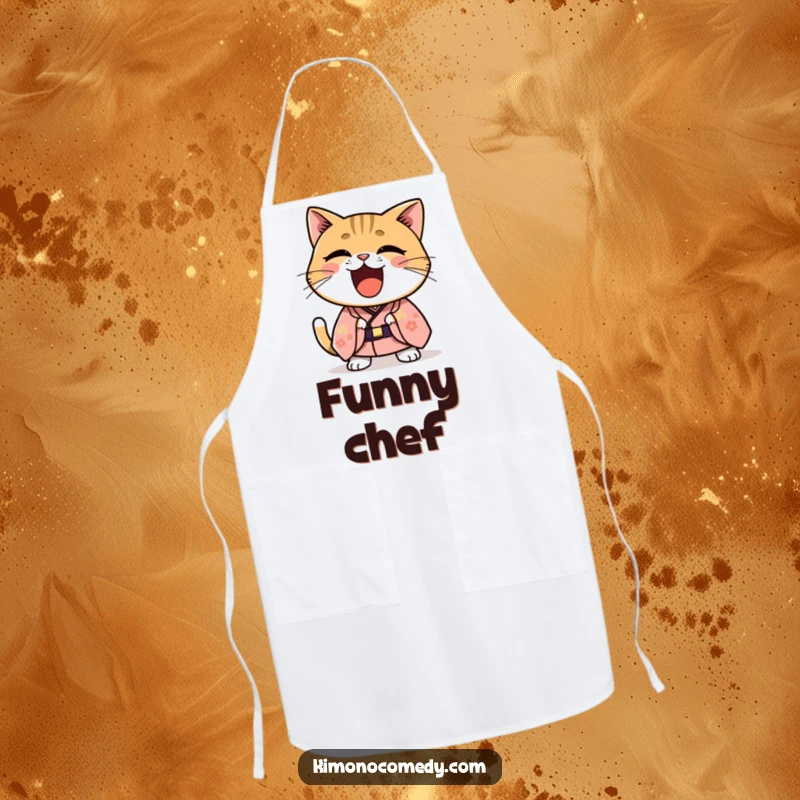 Funny Kawaii cat in a formal kimono laughing joyfully, durable and humorous apron for kitchen fun and culinary laughs.