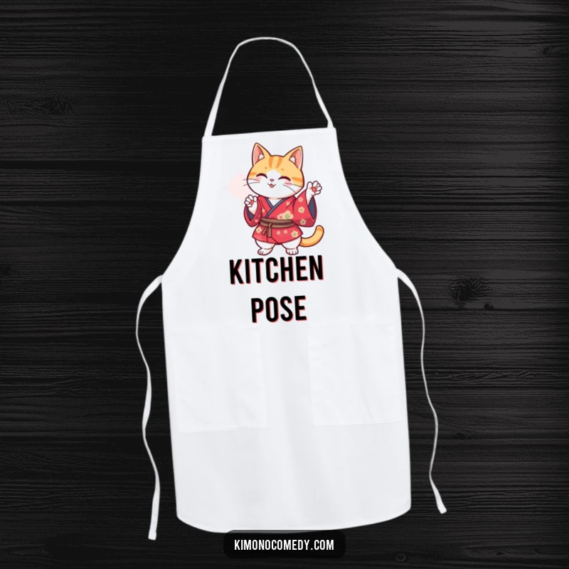 Funny Kawaii cat in a vibrant kimono posing comically, durable and humorous apron for culinary adventures.