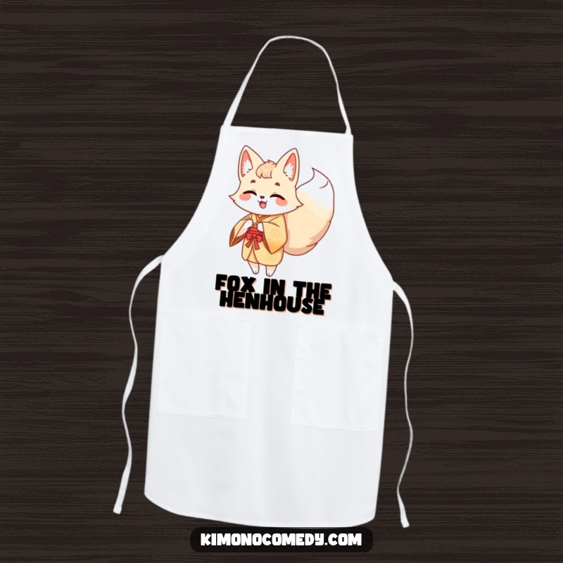 Funny Kawaii Kitsune Apron: A giggling fox chef with multiple tails in a kimono prepares food with joyful abandon, bringing humor to the kitchen.