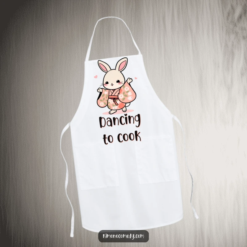 Funny Kawaii rabbit in a floral kimono, dancing gracefully, making this apron a humorous and stylish kitchen accessory.