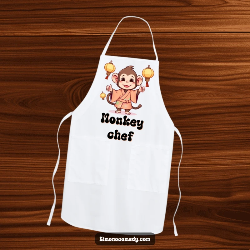 Funny monkey apron showing a mischievous primate in a bright kimono, juggling miniature lanterns, ready for the kitchen.