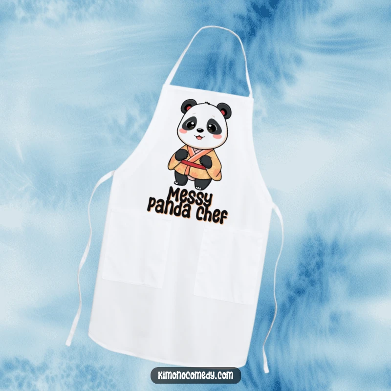 Funny panda in a patterned kimono, doing a silly wiggle while cooking. A fun and humorous kitchen apron.