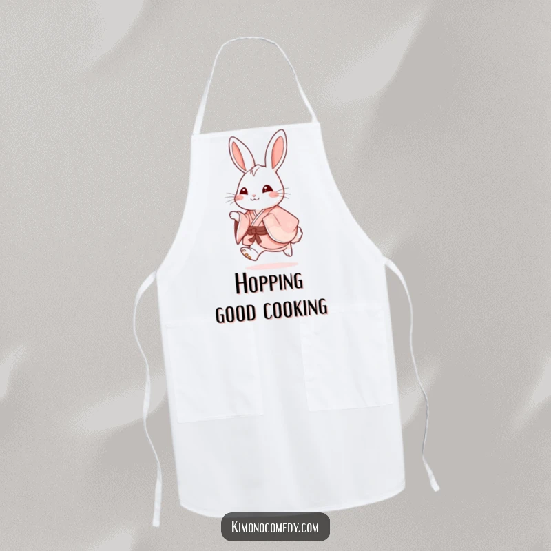 Funny Apron: A happy rabbit in a fancy kimono hops with glee while cooking, bringing cute charm and humor to the kitchen.