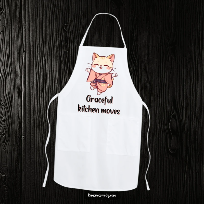 Funny cat leap apron showcasing a kawaii cat in elegant kimono attire, gracefully leaping, ideal for humorous kitchen tasks.