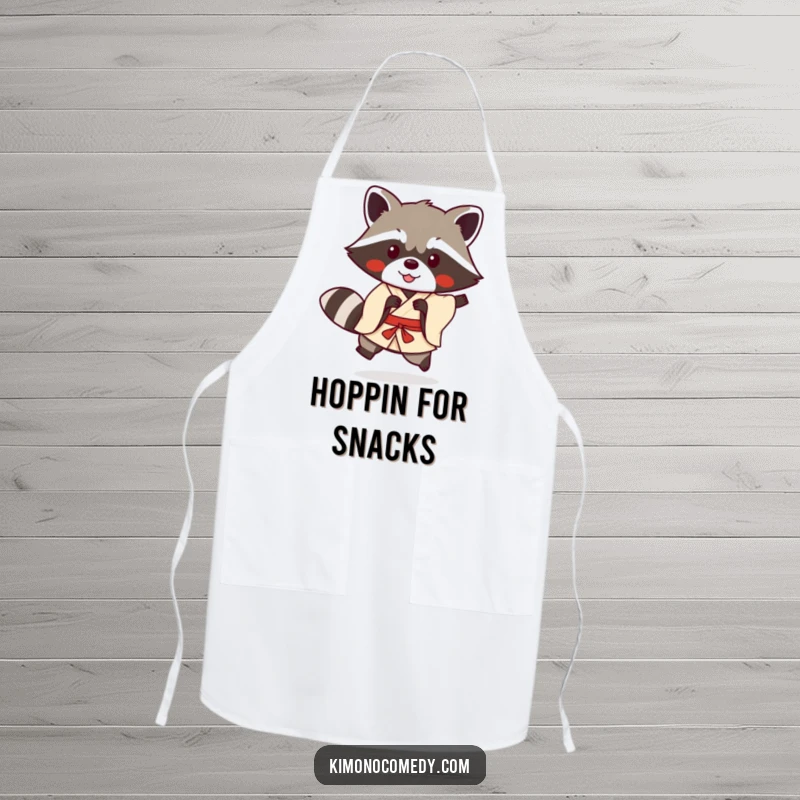 Funny kawaii raccoon in a simple kimono doing a playful hop on a kitchen apron, merging humor with anime cuteness.
