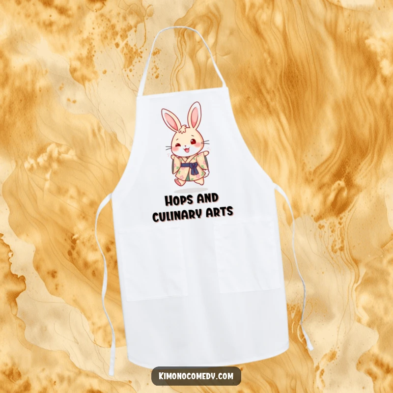 Funny cooking apron with a happy rabbit in a floral kimono, joyfully hopping, designed for kitchen fun and protection, a cheerful accessory.
