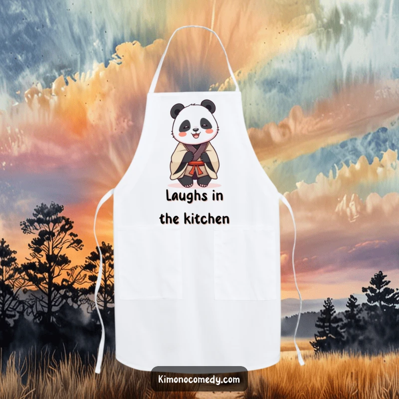 Funny cooking apron with a dignified panda in a traditional kimono, sharing a joyful laugh, perfect for a humorous and stylish kitchen experience.