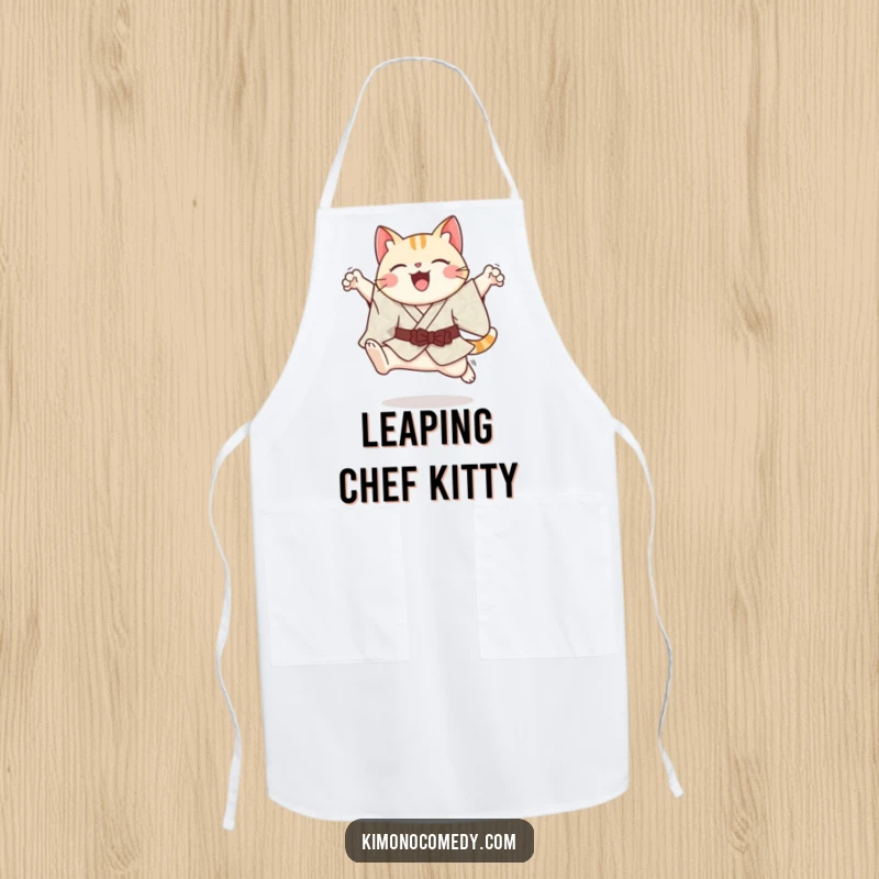 Funny cheerful kawaii cat in a patterned kimono, gracefully leaping, on a practical kitchen apron.