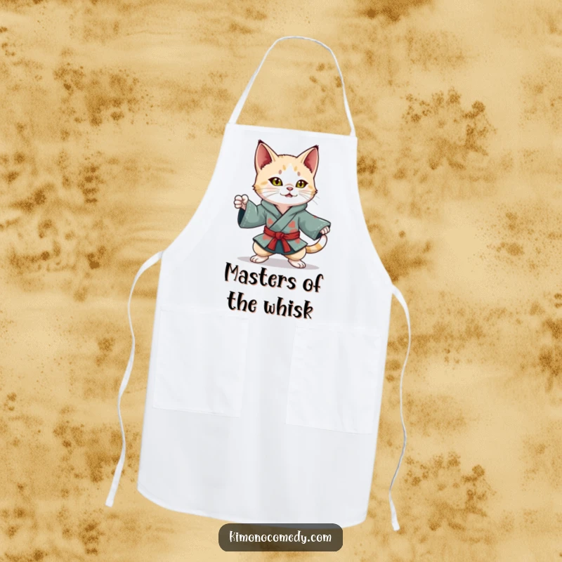 Funny Kawaii Cat Apron: Playful character in a colorful kimono, striking a dynamic ninja pose, perfect for ninja chefs.