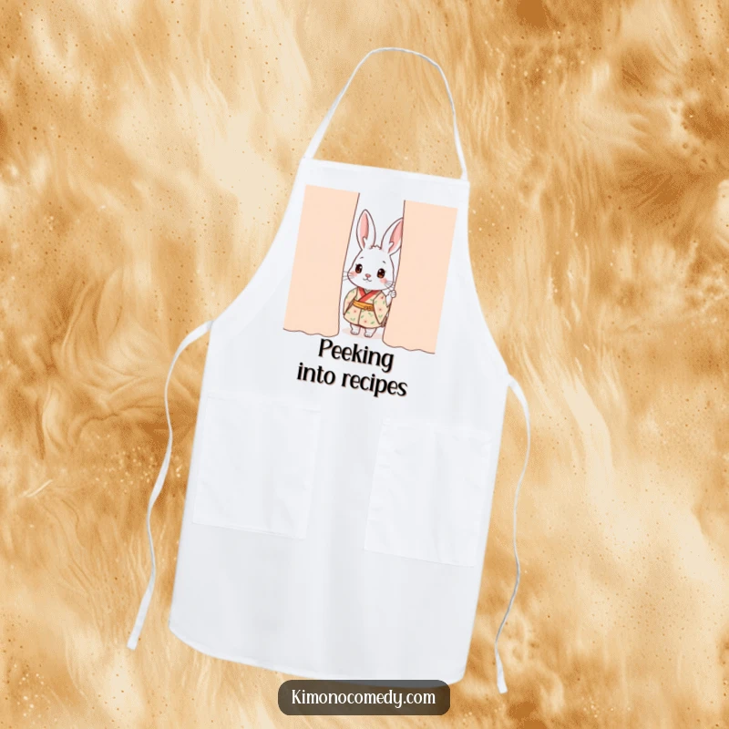 Funny kawaii rabbit apron, showing a rabbit in a floral kimono curiously peeking from behind a curtain, ideal for kitchen charm.