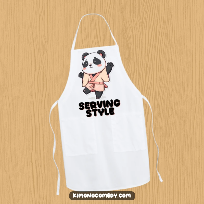 Funny panda apron, a panda in a vibrant kimono posing playfully with one leg raised, kitchen funny gift.