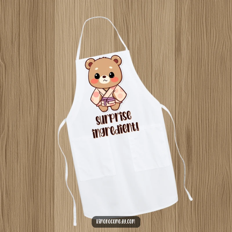 Funny Apron: A bear in a patterned kimono looks surprised while cooking, bringing unexpected humor and charm to the kitchen.
