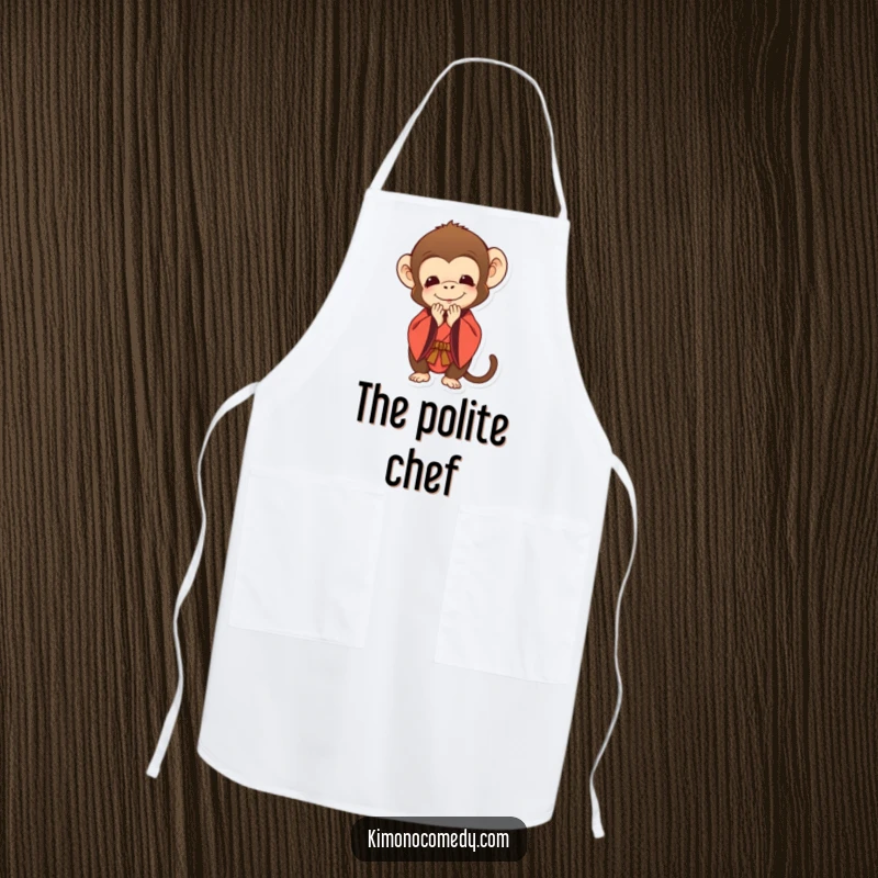 Funny apron showcasing a monkey in a traditional kimono bowing deeply with a polite smile, adding respectful humor to cooking.
