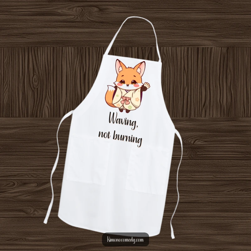 Funny Apron: A happy fox in a flowing kimono waves cheerfully while cooking, bringing woodland charm and humor to the kitchen.