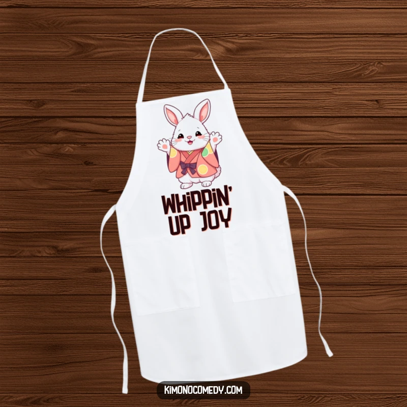 Funny Kawaii Bunny Apron: Fluffy character in a vibrant kimono, excitedly waving paws, ready for kitchen adventures with a smile.