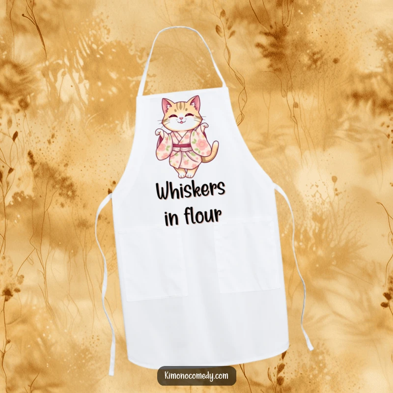 Funny cat in a floral kimono, performing a graceful twirl while cooking. A stylish and humorous kitchen apron.