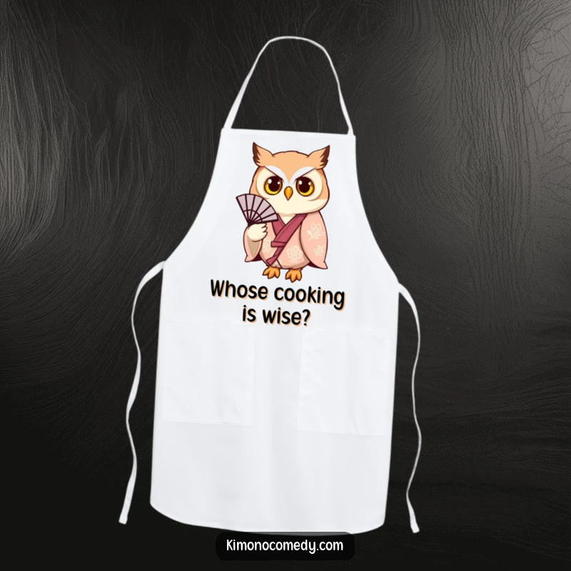 Funny owl wearing a detailed kimono and holding a fan, featured on a functional apron for humorous kitchen activities.