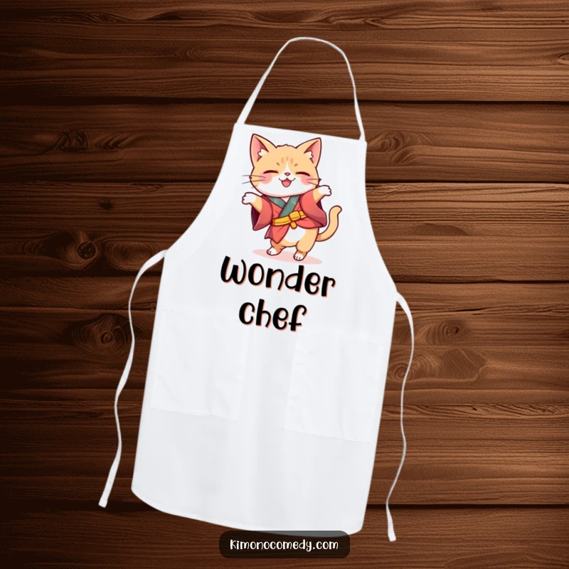 Funny Kawaii cat in a whimsical kimono tipping its head curiously, durable and humorous apron for culinary contemplation.