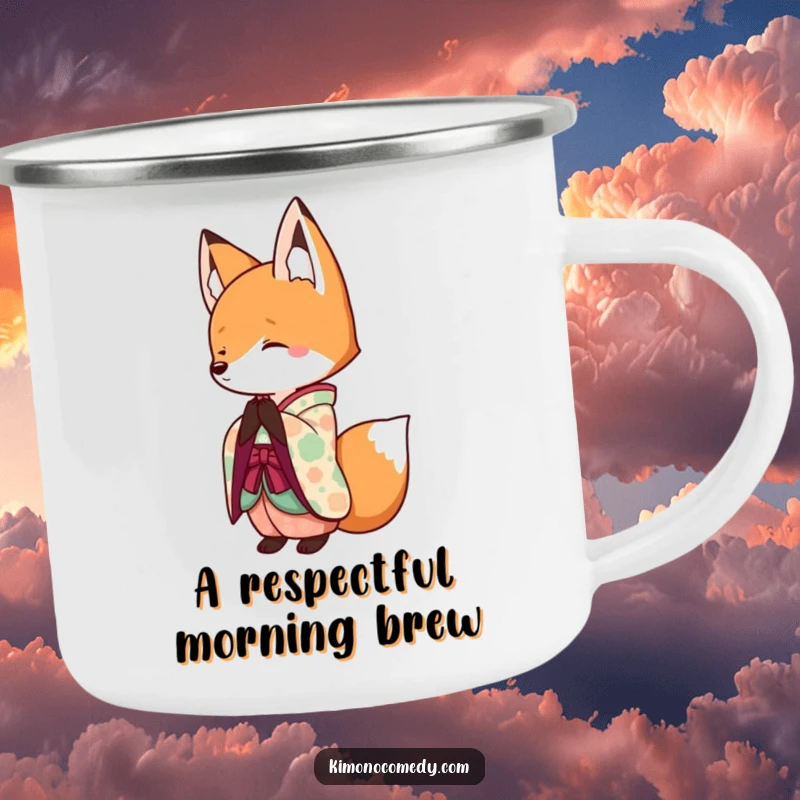 Funny Kawaii Fox Camping Mug: A rustic mug with a polit fox in a kimono, ideal for outdoor humor.