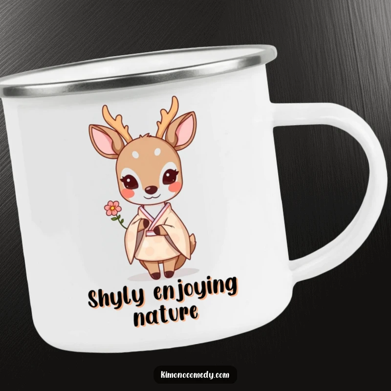 Funny shy kawaii deer in a pastel kimono, offering a small flower shyly, on a durable camping mug.
