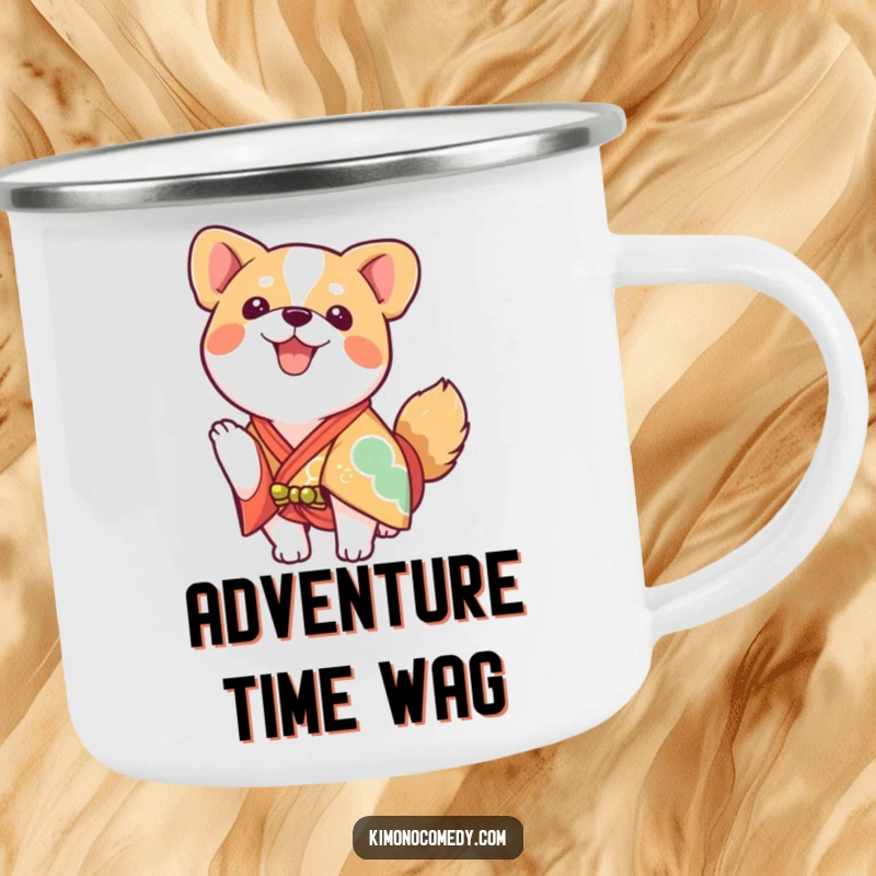 Funny kawaii dog in a bright kimono, wagging tail, durable camping mug for outdoor trips.