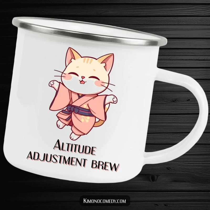 Funny cat leap camping mug showing a kawaii cat in elegant kimono attire, gracefully leaping, perfect for outdoor elegance.