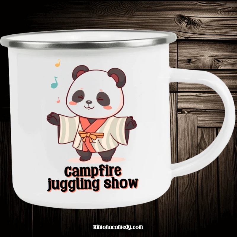 Funny Kawaii Panda Camping Mug: A cute panda in a striped kimono juggles, designed for outdoor fun and cheerful sipping.
