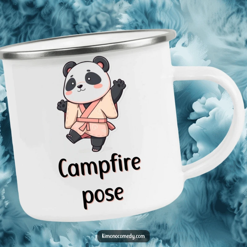 Funny panda camping mug, a panda in a vibrant kimono posing playfully with one leg raised, outdoor funny gift.