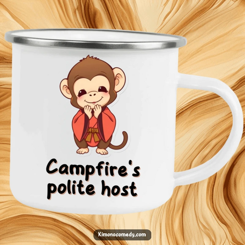 Funny camping mug with a monkey in a kimono bowing deeply with a polite smile, offering respectful humor for outdoor drinks.