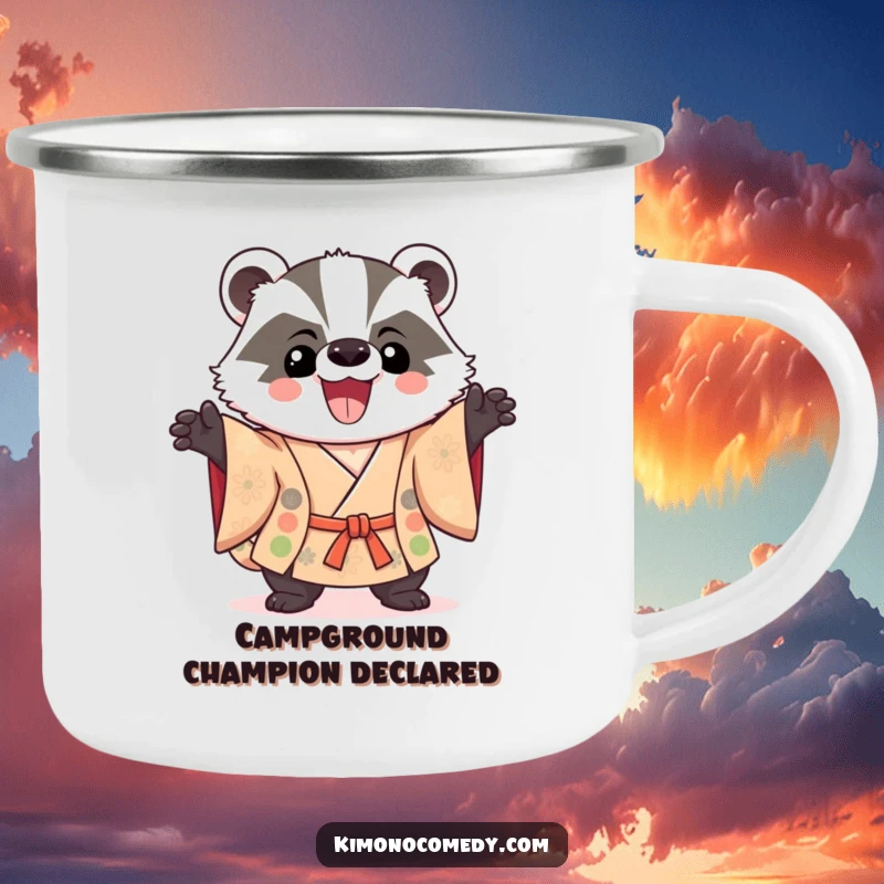 Funny Kawaii Badger Camping Mug: A triumphant badger in a kimono poses heroically amidst nature, ready for any challenge with humor.